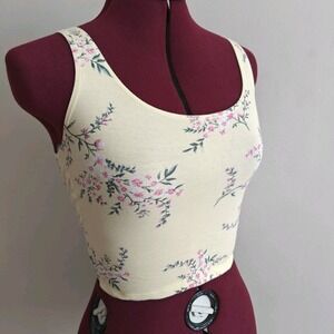 Forever21 Small Pastel Yellow Floral Crop Top Tank Scoop Neck Stretch Sleeveless
